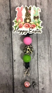 Happy EASTER Leopard Print BUNNIES Badge Reel ID Holder Retractable - Picture 1 of 2