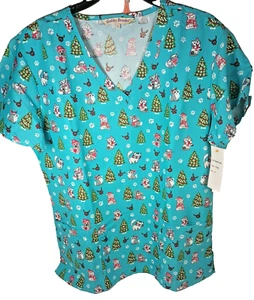 Light Blue Christmas Scrub Dogs & Cats Top S New with tags Gabby Brooks - Picture 1 of 9