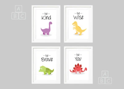 GDE Nursery Wall Art set of 4 Dinosaur Prints Various Sizes T-Rex Newborn Baby Gift