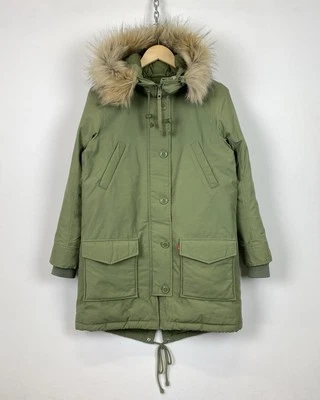 Levi’s Full Zip Parka Jacket Faux Fur Hood Womens Size S Khaki Green Top Quilted Foto 1 de 4