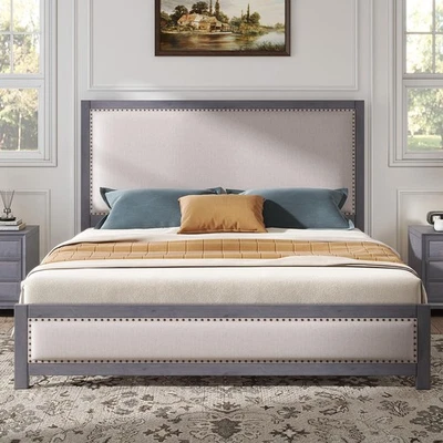 Cama de plataforma de madera rústica tamaño king marco de cama de madera maciza con cabecero de 49" Foto 1 de 4