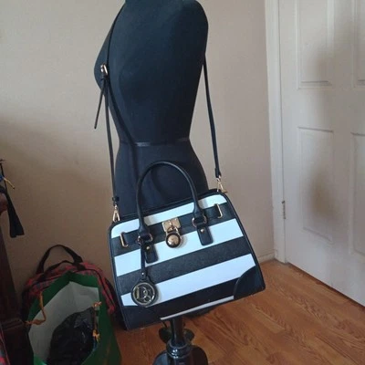 DS Dasein Satchel Black White Stripe Vegan Double Handle Logo Charm Crossbody - Image 1 of 4