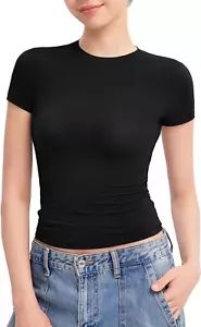 Women'S Crew Neck Short Sleeve Tops Double Lined Slim Fit T Shirts Basic Tee Smo - Picture 1 of 6