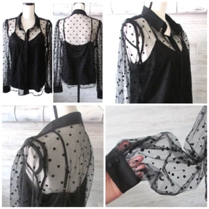 Y2k schwarze transparente Bluse L & Tank Puffärmel Samt Tupfen Knopf WhimsyGoth - Bild 1 von 17