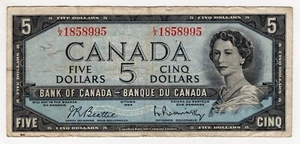 1954 BANK OF CANADA FIVE 5 DOLLAR BANK NOTE LX 1858995 NICE BILL - Picture 1 of 2