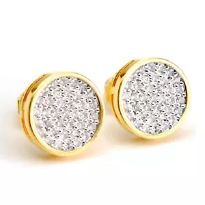 Men's Iced 14k Gold Plated 10 mm Round 2 Tone Screw Back Stud Earrings BE 012 TT - Picture 1 of 3