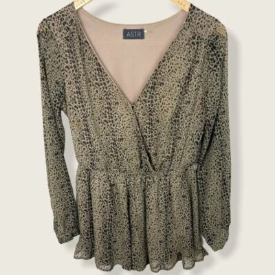 ASTR Leopard Print Long Sleeve Romper Size Small Nordstrom Playsuit Brown Boho S Foto 1 de 4