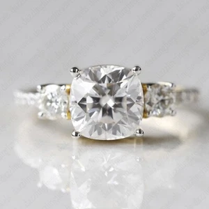 2.34 TCW Cushion Cut Moissanite Three Stone Engagement Ring 14K Two-Tone Gold - Picture 1 of 8