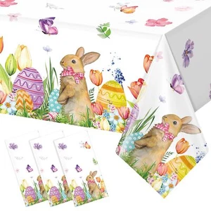 3 Pack Easter Tablecloth Disposable, Easter Bunny Eggs Plastic Tablecloth for... - Picture 1 of 8