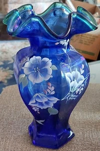 MINT FENTON 75TH ANNIVERSARY COBALT W/GREEN CREST HAND PAINTED BILL FENTON VASE - Picture 1 of 24