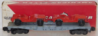 BOXED 1959 American Flyer 24557 US Navy Flat w/2 RED Tootsietoy Jeeps Military - Image 1 of 4