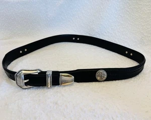Bill Adler Concho Golf Belt Men 34/36 Black Leather Silvertone Buckle Band Tip - Picture 1 of 4