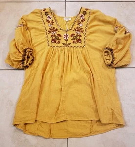 Max Studio Boho Floral Embroidered Top In Honey Yellow Medium - Picture 1 of 4