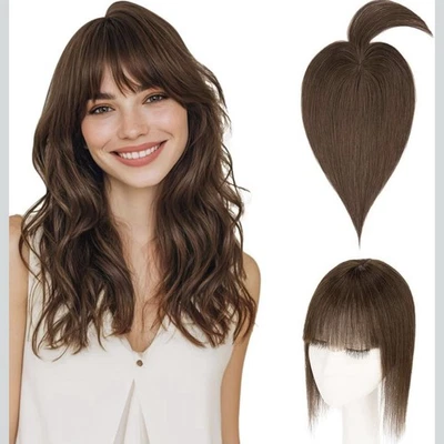 Topper de cabelo humano real MARROM ESCURO - 6 polegadas com presilha de franjas na peça de cabelo NOVO - Imagem 1 de 4