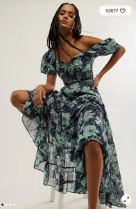 Maxi Vestido Free People Sundrenched Floral En Niveles Calado Esmeralda Combo Boho - Imagen 1 de 14
