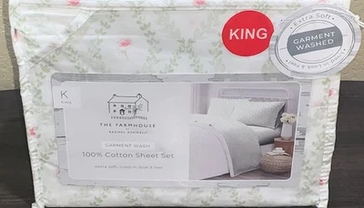 Conjunto de Lençóis THE FARMHOUSE Rachel Ashwell Shabby Chic Branco/Verde/Rosa Floral KING - Imagem 1 de 4