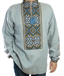 VYSHYVANKA Mens Ukrainian hand cross-stitch Embroidery LINEN Gray blue size L - Imagen 1 de 7