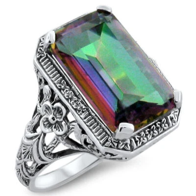 ART DECO STYLE 7 CARAT MYSTIC QUARTZ 925 STERLING SILVER FILIGREE RING      359X - Image 1 of 4