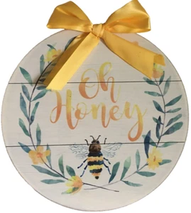 "Oh Honey"" Abeja Cinta Amarilla Mesa Top Estante Cuidador Letrero Madera Decoración Redonda - Imagen 1 de 4