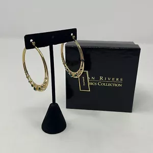 NWT Joan Rivers Gold Tone Green Rhinestone Skinny Hoops Earrings 3D Hoop - Picture 1 of 6