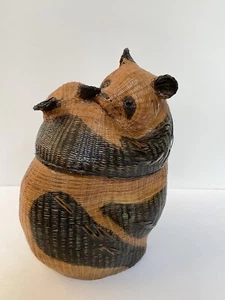 Vintage Shanghai Handicrafts lacquer Wicker Panda Bear Basket Mid Century Box - Picture 1 of 5