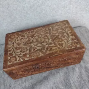 Vintage Hand Carved Ornate Wooden Box Blue Felt Interior Hinged Brown Distressed - Picture 1 of 19