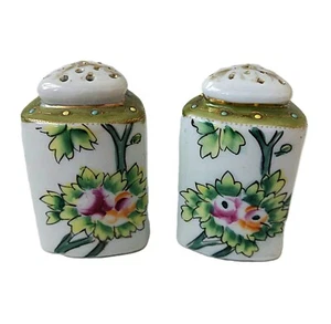 Vintage Ceramic Salt and Pepper Shakers White Gold Handpainted Floral Dining - Picture 1 of 14