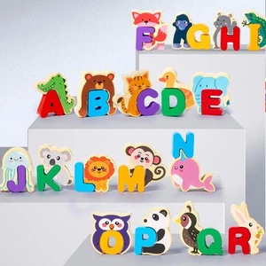 Wooden Animal Alphabet Puzzle Reusable Compact Enlightenment Educational Paired - Picture 1 of 7