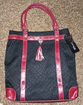 Nuevo con etiquetas Bolso de Mano Grande Jones New York Vintage Lona Negra y Cuero Rojo $108 Foto 1 de 4
