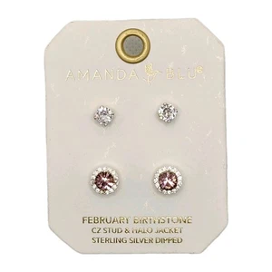 Amanda Blu February Birthstone CZ Stud Halo Earrings Set Sterling Silver Dipped - Picture 1 of 3