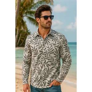 Camisa Steven Robin Para Hombres Grande Y2K Blanca Hoja Negra Isla Costera Travel Resort - Imagen 1 de 11