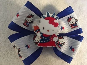 Girls Hair Bow 4" Wide Hello Kitty Red/White/Blue 4th of July French Barrette - Picture 1 of 2