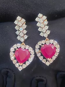 7.15 Cts Round Brilliant Cut Diamonds Ruby Dangle Earrings In Certified 14K Gold - Picture 1 of 12