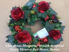 Christmas Grave Wreath, Memorial Artificial Funeral Flowers Roses & Robin 35cm.