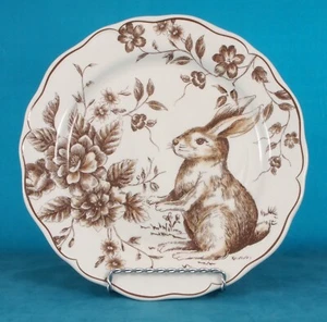 Brown & White Toile Scalloped Salad Plates Easter Bunny Cabbage Roses Set of 4 - Picture 1 of 5