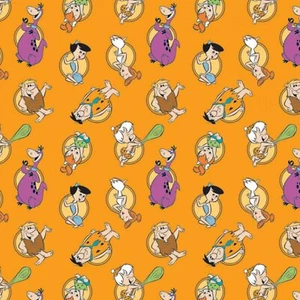 The Flintstones Stone Age Family Orange 100% Cotton Fabric by The Yard - Picture 1 of 1