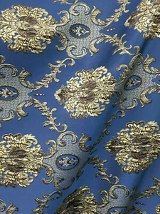 BLUE BEIGE BROWN Damask Brocade Upholstery Drapery Fabric (54 in.) Sold BTY - Picture 1 of 6