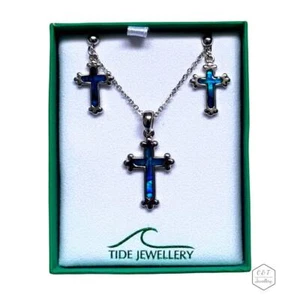 Blue Trefoil Cross Paua Abalone Shell Pendant & Stud Earrings - Gift Boxed - Picture 1 of 3