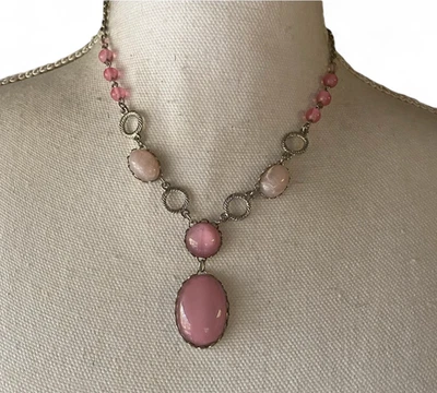 1928 Delicado Collar Colgante Cabujón Lucita Rosa Tono Plata Romántico Femenino 19" Foto 1 de 4