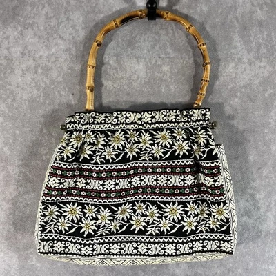 Vintage Hand Bag Floral Tapestry Purse Bamboo Handle Brass Clasp Hardware Boho - Image 1 of 4