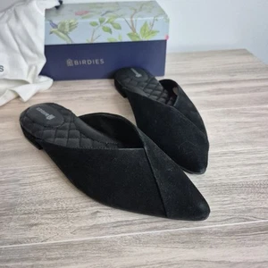 Birdies 6.5 Swan New W Box Black Pointed Toe Mules Comfy Office Casual Suede - Picture 1 of 8