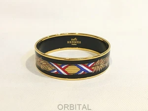 HERMES Logo Cloisonne Enamel Bangle Bracelet Black Gold Accessory - Picture 1 of 8