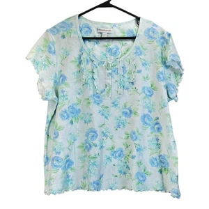 Miss Elaine Womens L White /Blue Floral Print Sleep Wear Set Cozy/Casual - Picture 1 of 8