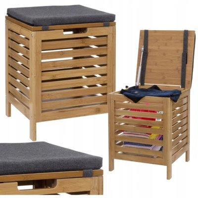 Wäschekorb Bambus Wäschebox Wäschesammler mit Deckel und einem Sitz 49cm 50 L - Bild 1 von 4