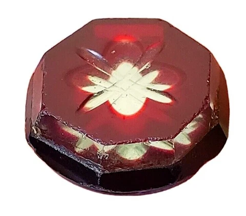 Deluxe Octagonal Black Glass Tingue Design Cut Thru Red Flashing Antique Button Cover