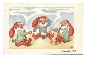 3 OLD ELFS DRINKING,SMOKING & LAUGHING-GLAEDELIG JUL,MERRY CHRISTMAS-PM 1945 - Picture 1 of 1
