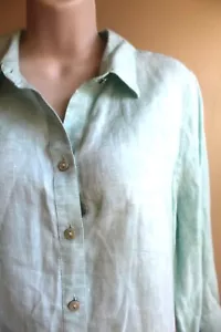 Chicos 0 Linen Shirt Womens S runs M Light Aqua Heather Button No Iron L/Sleeve - Picture 1 of 7