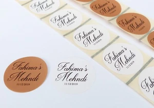 45MM WHITE OR KRAFT BROWN ROUND PERSONALISED MEHNDI PARTY WEDDING LABELS SEALS - Picture 1 of 1