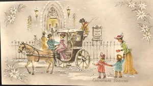 Vintage Weihnachtsgrußkarte Glitzer Pferd & Kutsche Szene Mutter Kinder - Bild 1 von 3