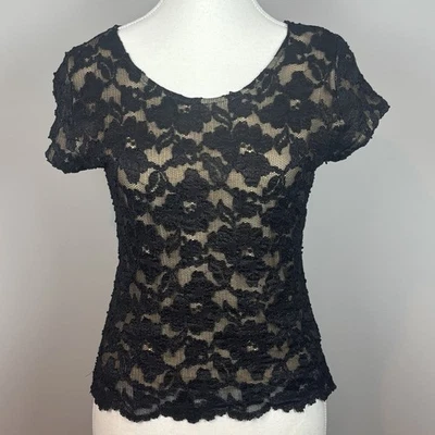 Blusa De Colección Hanky Panky Para Mujer Negra Encaje Manga Corta Para Mujer MED Y2K Whimsigoth Foto 1 de 4